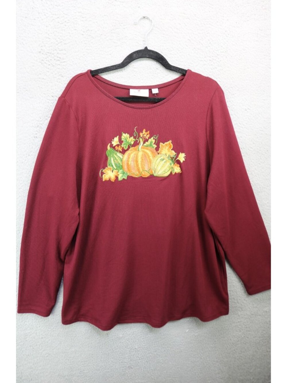 Quacker Factory Burgundy Long Sleeve Embroidered Pumpkins Sweater-XL-Fall